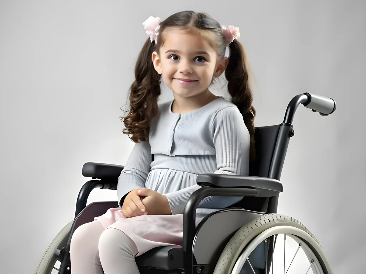 Menina sorridente sentada em cadeira de rodas manual dobrável — cadeira de rodas dobrável em Sumaré