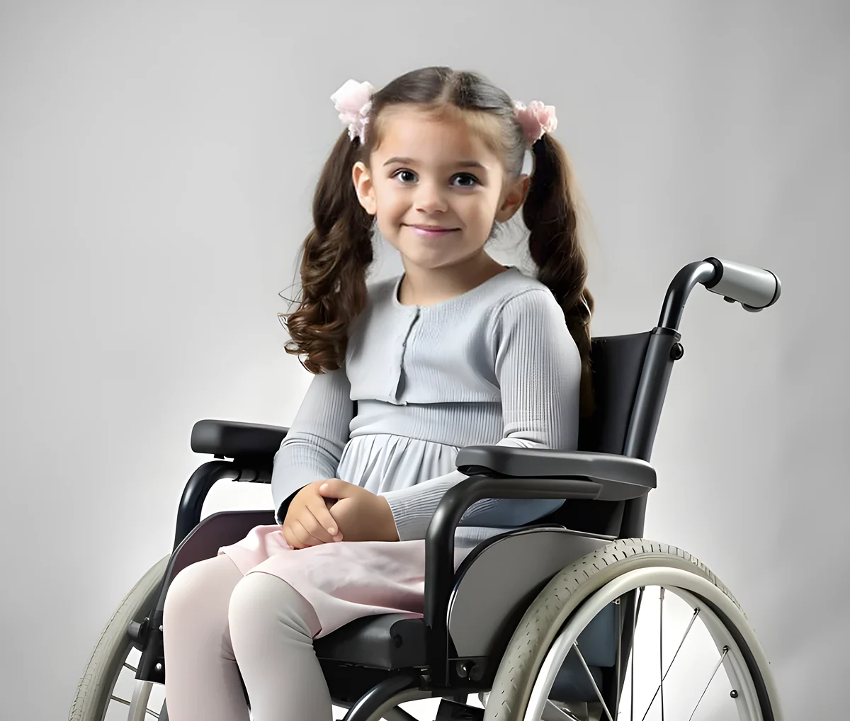 Menina sorridente sentada em cadeira de rodas manual dobrável — cadeira de rodas infantil em Nova Odessa