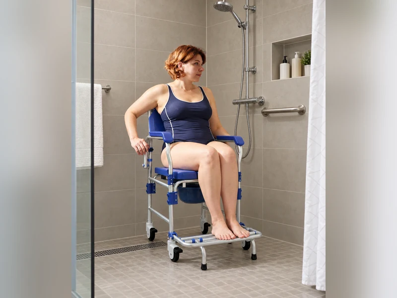 Imagem ilustrativa de mulher sentada em cadeira de banho e higiene de alumínio azul com rodízios, dentro do box para representar Cadeira de banho e higiene Evo (rodas grandes)