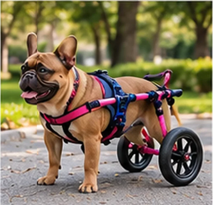 Buldogue francês com cadeira de rodas para cachorro rosa e azul — imagem ilustrativa de cadeira de rodas para cachorro em Campinas