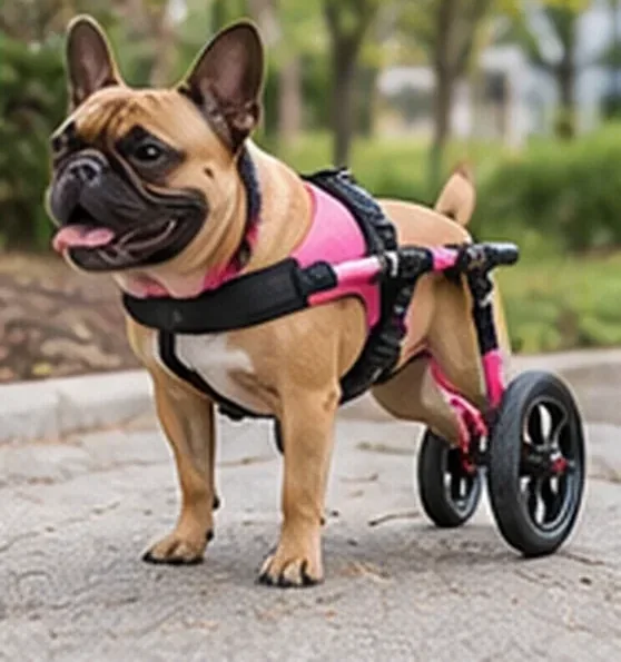 Buldogue francês com cadeira de rodas para cachorro rosa — imagem ilustrativa de cadeira de rodas para cachorro em Campinas
