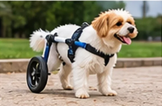 Cachorro de pelo claro com cadeira de rodas para cachorro em calçada — imagem ilustrativa de cadeira de rodas para cachorro em Campinas