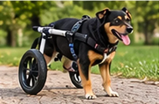 Cachorro preto e caramelo com cadeira de rodas para cachorro — imagem ilustrativa de cadeira de rodas para cachorro em Campinas