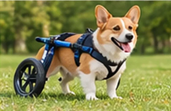 Corgi usando cadeira de rodas para cachorro no gramado — imagem ilustrativa de cadeira de rodas para cachorro em Campinas