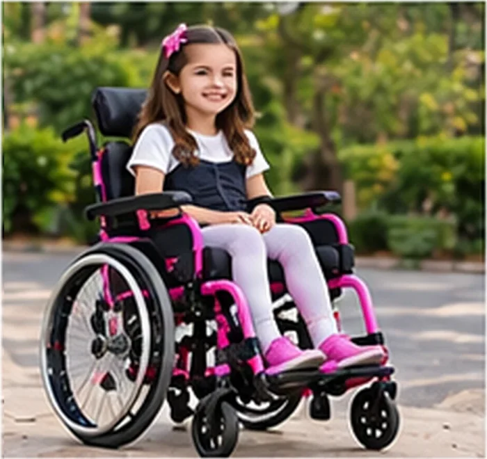 Menina em cadeira de rodas infantil rosa em parque — imagem ilustrativa de cadeira de rodas infantil em Nova Odessa