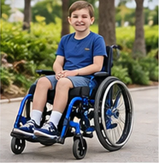 Menino de camiseta azul em cadeira de rodas infantil azul, em parque — imagem ilustrativa de cadeira de rodas infantil em Nova Odessa