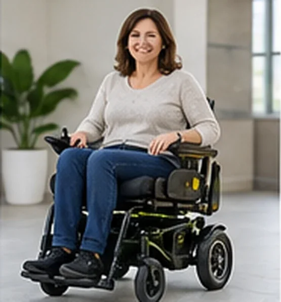Mulher de suéter claro em cadeira de rodas motorizada dentro de casa — imagem ilustrativa de cadeira de rodas motorizada em Jundiaí
