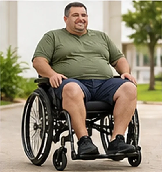Homem de porte grande e camiseta verde em cadeira de rodas manual — imagem ilustrativa de cadeira de rodas para obeso em Santa Bárbara d'Oeste