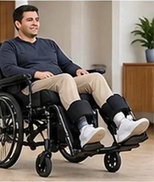 Homem com as pernas apoiadas em apoios elevados, em cadeira de rodas reclinável dentro de casa — imagem ilustrativa de cadeira de rodas reclinável em Amparo