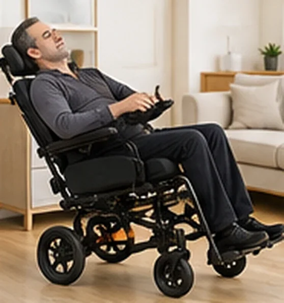 Homem descansando em cadeira de rodas reclinável com encosto inclinado, na sala — imagem ilustrativa de cadeira de rodas reclinável em Amparo