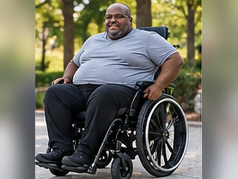 Imagem ilustrativa de homem de porte grande em cadeira de rodas manual reforçada, em praça para representar Cadeira de rodas Max Obeso 150 kg