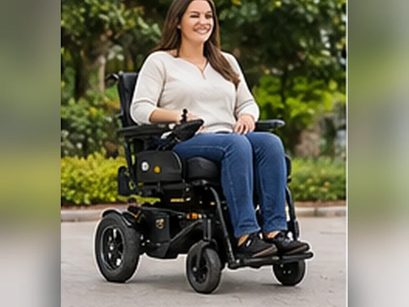 Imagem ilustrativa de mulher em cadeira de rodas motorizada compacta em jardim para representar Power Lite Compact In (motorizada, lítio)