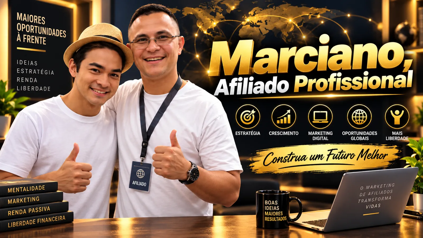 Marciano de Lima, afiliado profissional, de óculos e camiseta branca com crachá de afiliado, fazendo sinal de positivo