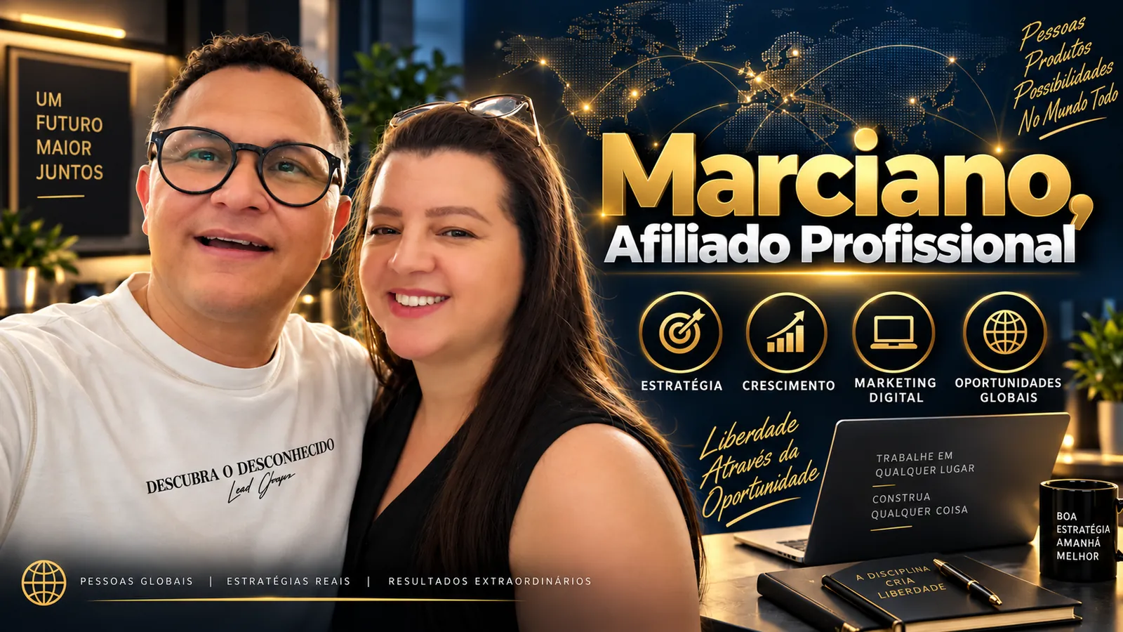 Marciano de Lima, afiliado profissional, em selfie sorridente ao lado de uma amiga, em escritório com notebook e mapa-múndi