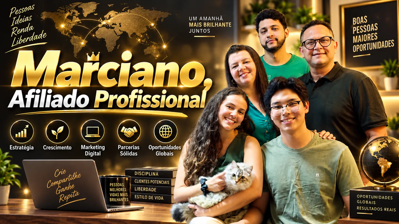 Arte de apresentação de Marciano de Lima, afiliado profissional e criador da Melhores Cadeira de Rodas, ao lado de amigos e familiares