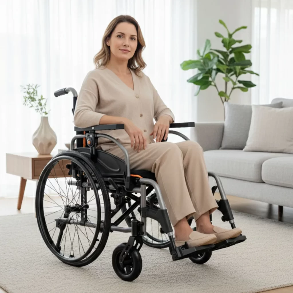 mulher utilizando uma das melhores cadeiras de rodas manuais para uso doméstico