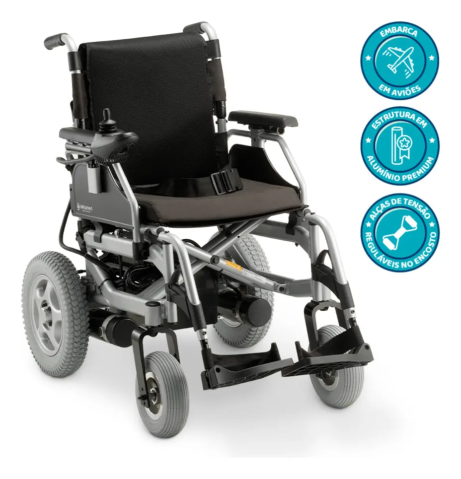 Cadeira de rodas motorizada D1000 Dellamed em alumínio premium, ideal para viagens de avião e com regulagem no encosto.