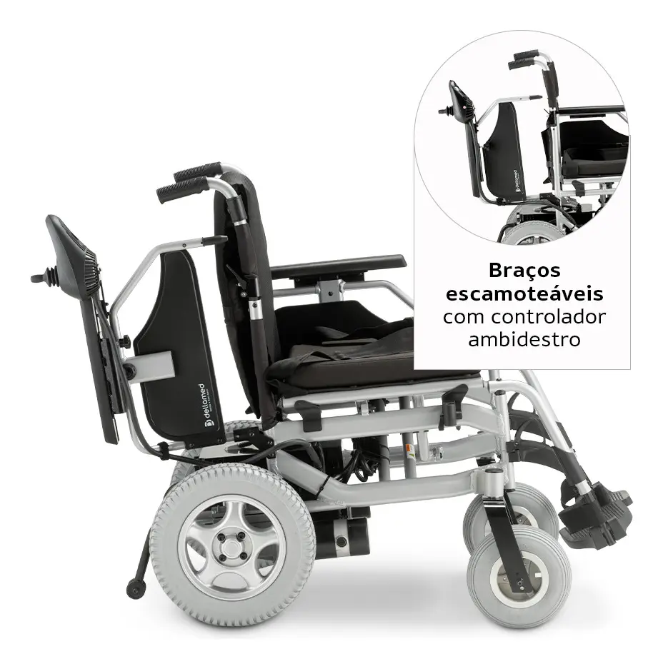 Cadeira de rodas motorizada D1000 Dellamed vista de perfil com detalhe dos braços escamoteáveis e cinto torácico.
