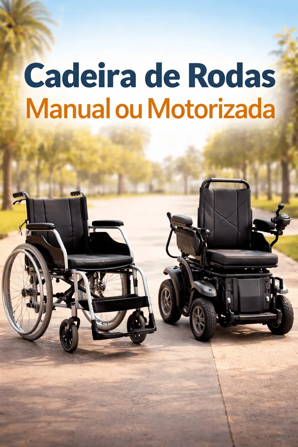 Cadeira de rodas manual ao lado de cadeira de rodas motorizada em ambiente externo, mostrando comparação entre modelos