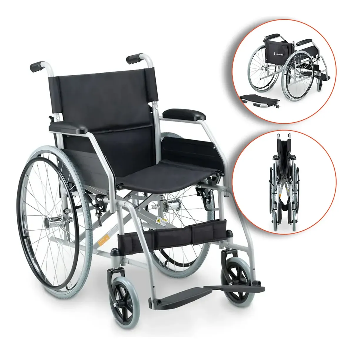 cadeira de rodas manual dobrável em aço com apoio de braços e rodas traseiras grandes