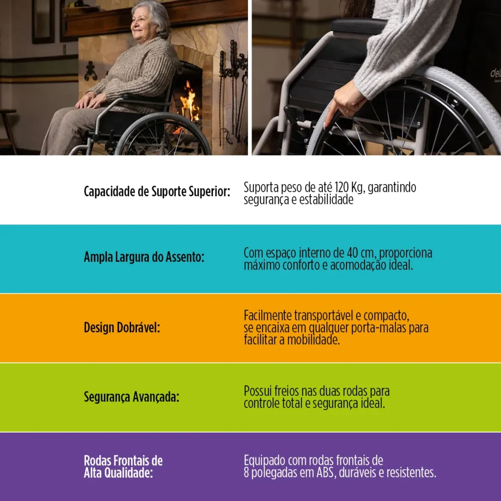 cadeira de rodas manual dobrável até 120kg com assento 40cm e rodas frontais de alta qualidade