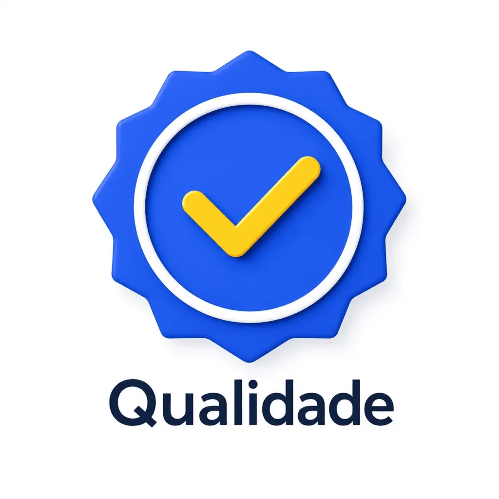 Selo de qualidade azul com símbolo de verificação amarelo e a palavra “Qualidade” em destaque abaixo.