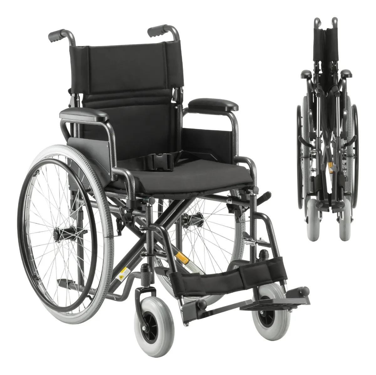 Cadeira de rodas manual dobrável preta com estrutura reforçada, rodas traseiras grandes, apoio para braços acolchoados e apoio elevatório para as pernas, acompanhada de imagem lateral do modelo fechado.