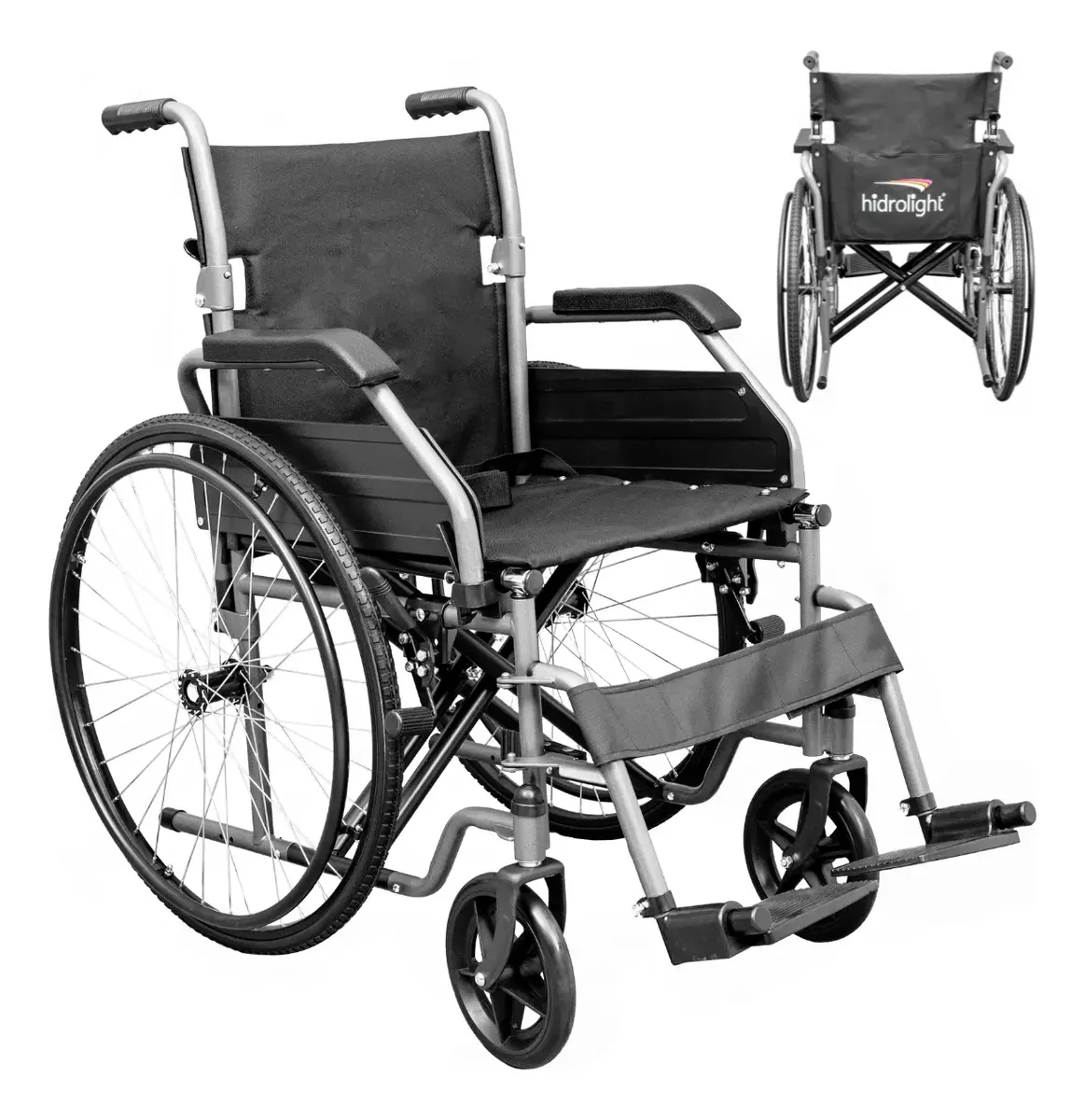Cadeira de rodas manual dobrável Hidrolight preta e cinza com rodas traseiras grandes, apoio para braços acolchoados e apoio para os pés, acompanhada de imagem traseira do modelo.