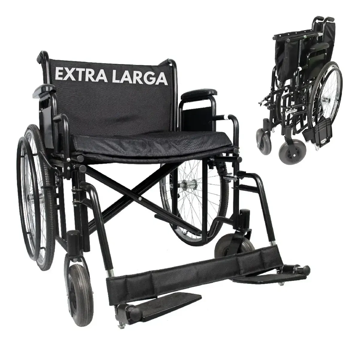 Cadeira de rodas manual extra larga preta com estrutura reforçada, assento amplo e apoio para pés ajustável, isolada em fundo branco.