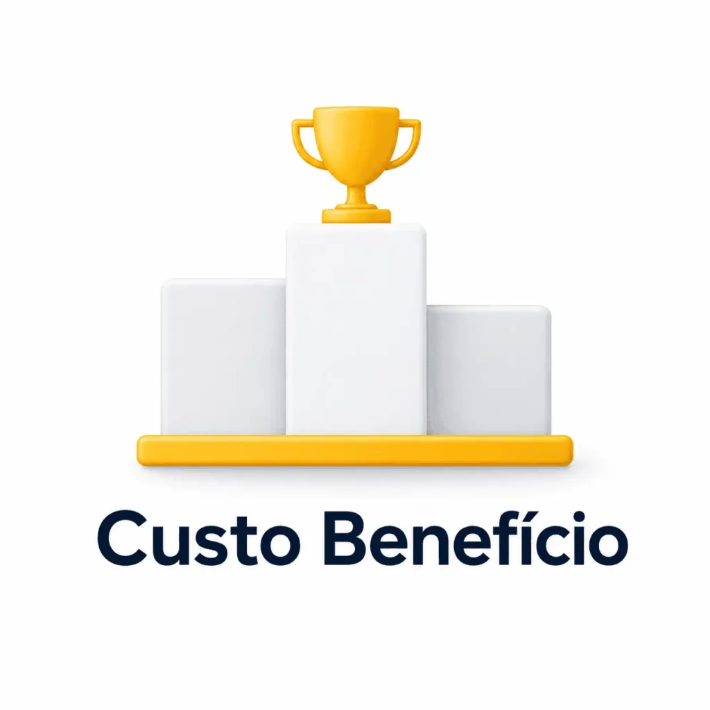 Ícone moderno de custo-benefício com troféu dourado sobre um pódio e a frase “Custo Benefício”.