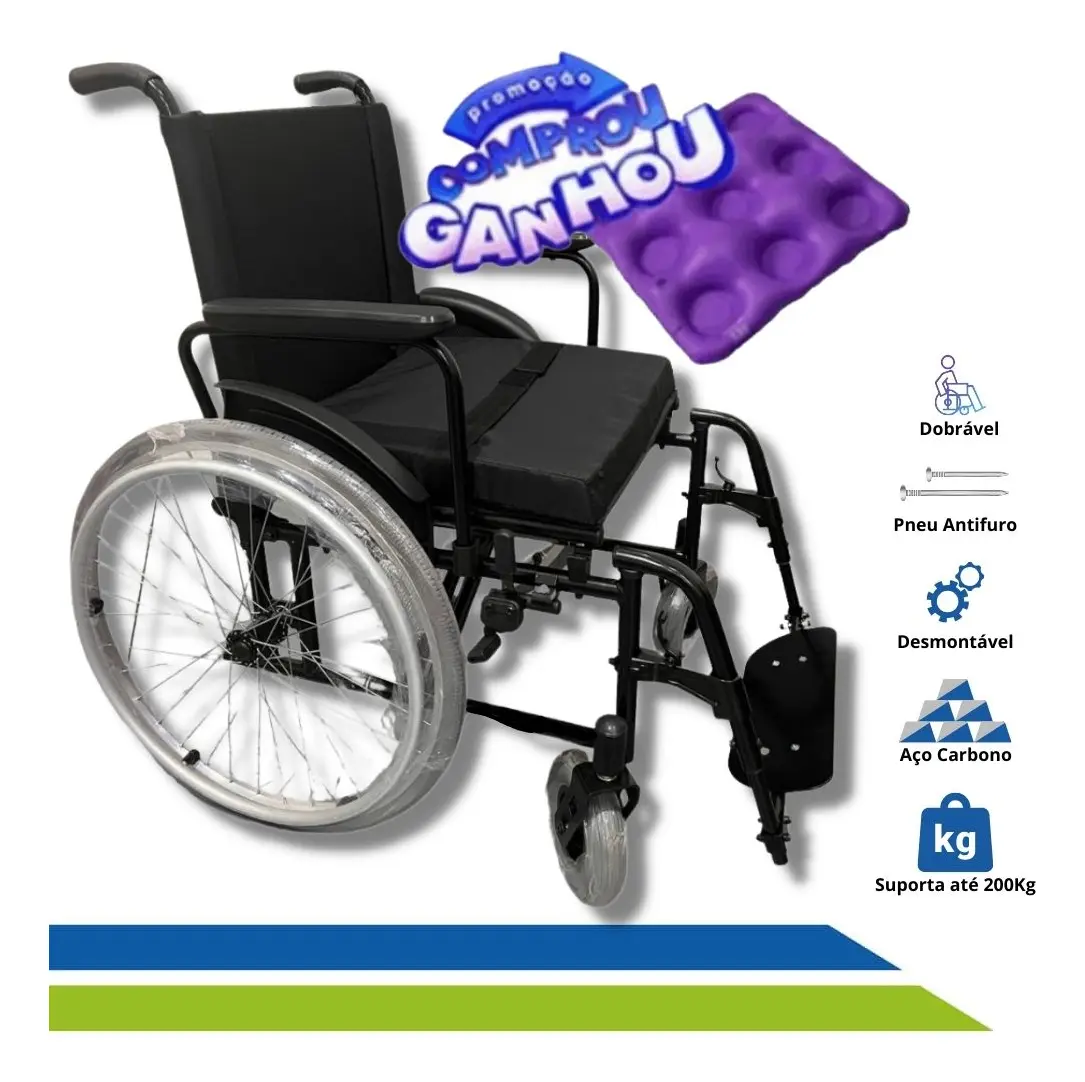 Cadeira de rodas dobrável reforçada para obesos e idosos, com pneus antifuro, estrutura em aço carbono e capacidade para até 200 kg.