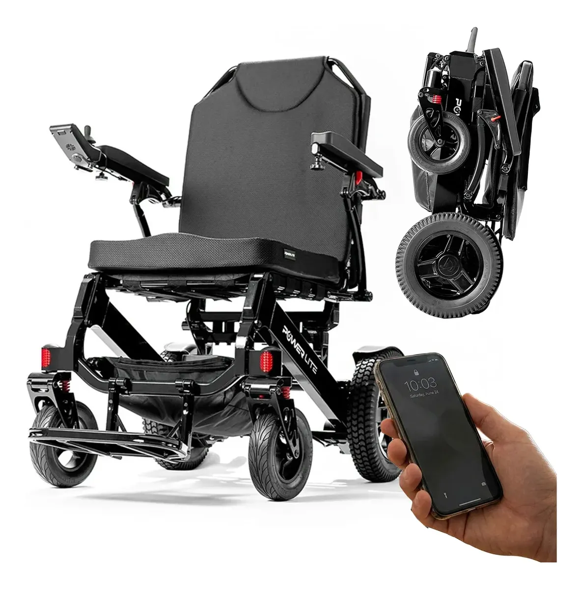 Cadeira de rodas motorizada dobrável preta com controle por aplicativo no celular, design moderno e estrutura compacta.