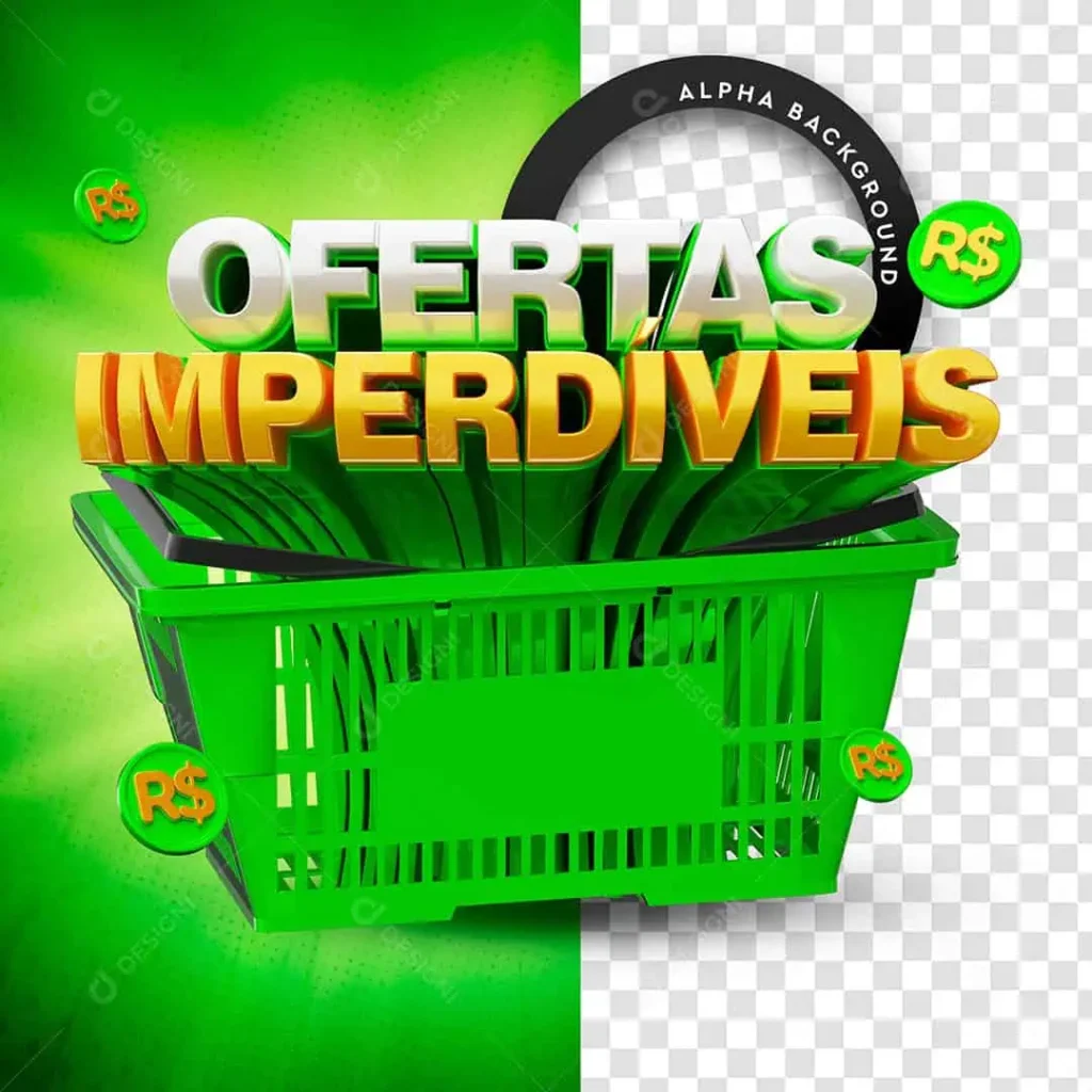 Banner promocional com cesta de compras verde e texto 3D “Ofertas Imperdíveis” em destaque, com símbolos de reais representando descontos e promoções.