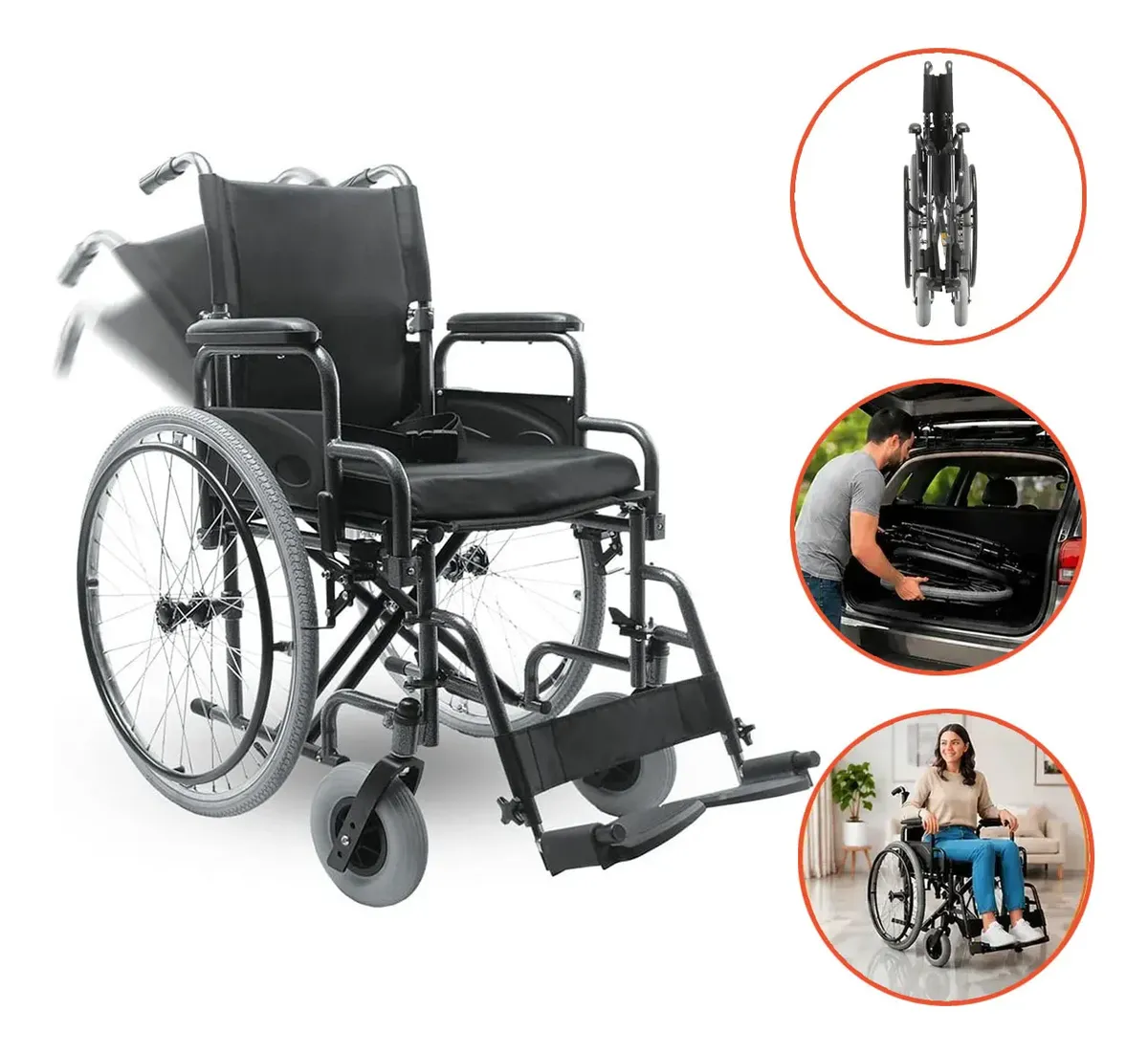 Cadeira de rodas dobrável preta com rodas grandes, apoio para os pés ajustável e sistema compacto para transporte.
