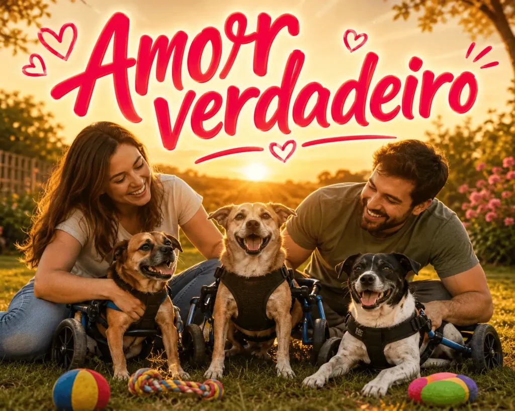 Casal feliz brincando com três cachorros usando cadeira de rodas para pets em um parque ao pôr do sol, com a frase “Amor verdadeiro”.