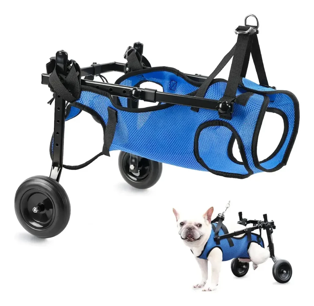 Cadeira de rodas para cachorro com estrutura ajustável azul e preta para cães com dificuldade de locomoção.