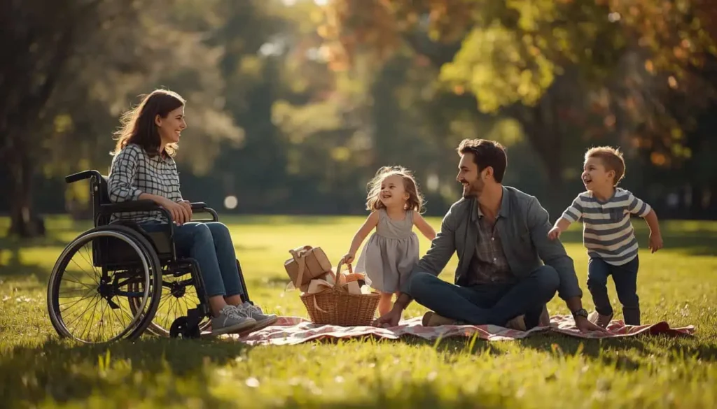 Família feliz fazendo piquenique no parque com mulher em cadeira de rodas observando os filhos brincando ao ar livre.