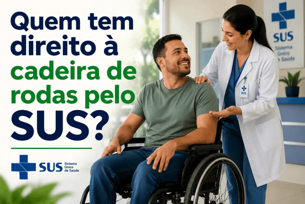 Quem tem direito à cadeira de rodas pelo SUS?Quem tem direito à cadeira de rodas pelo SUS? Pessoa em cadeira de rodas recebendo orientação de uma profissional de saúde em uma unidade do SUS sobre o direito à cadeira de rodas gratuita.
